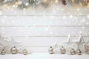 ai gegenereerd vrolijk Kerstmis en gelukkig nieuw jaar, vakantie groet kaart met wazig bokeh achtergrond foto