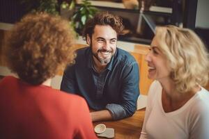 ai gegenereerd portret van geslaagd en gelukkig zakenvrouw, kantoor arbeider glimlachen en op zoek Bij camera met gekruiste armen, werken binnen modern kantoor. foto