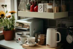 ai gegenereerd minimalistische keuken klein bijkeuken ochtend- visie professioneel reclame fotografie foto
