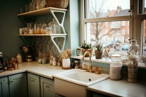 ai gegenereerd minimalistische keuken klein bijkeuken ochtend- visie professioneel reclame fotografie foto