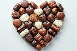 ai gegenereerd divers hart vormig assortiment chocolaatjes klaar naar worden geserveerd professioneel reclame voedsel fotografie foto