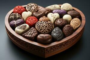 ai gegenereerd divers hart vormig assortiment chocolaatjes klaar naar worden geserveerd professioneel reclame voedsel fotografie foto