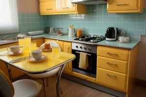 ai gegenereerd schoon minimalistische geel stijl klein keuken professioneel reclame fotografie foto