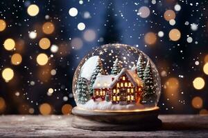 ai gegenereerd kristal bal met een besneeuwd Kerstmis boom Spar boom binnen vallend sneeuw realistisch vakantie decoratie foto