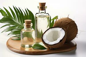 ai gegenereerd kokosnoot olie extract geïsoleerd wit achtergrond professioneel reclame voedsel fotografie foto