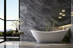 ai gegenereerd 3d weergegeven minimaal stijl zwart thema modern badkamer interieur ontwerp met bad foto