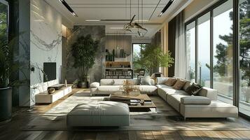 ai gegenereerd leven kamer interieur ontwerp met sofa minimaal esthetisch 3d weergegeven foto