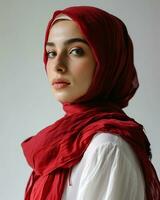 ai gegenereerd een mooi dame in een elegant hijab vervelend hedendaags mode foto