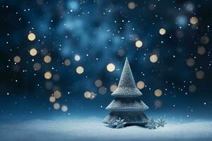 ai gegenereerd blauw versierd Kerstmis boom Aan houten tafel en blauw wazig achtergrond. kopiëren ruimte foto
