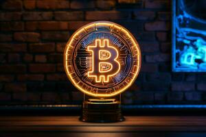 ai gegenereerd bitcoin schittering neon lamp verlicht met de symbool van cryptogeld foto