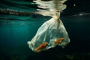 ai gegenereerd onderwater- bedreiging plastic zak poses kwaad naar de zee milieu foto