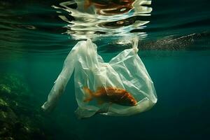 ai gegenereerd onderwater- bedreiging plastic zak poses kwaad naar de zee milieu foto