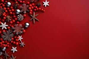ai gegenereerd Kerstmis vakantie samenstelling van Spar boom takken met kerstballen en kopiëren ruimte foto