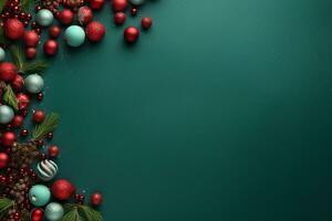 ai gegenereerd Kerstmis vakantie samenstelling van Spar boom takken met kerstballen kopiëren ruimte foto