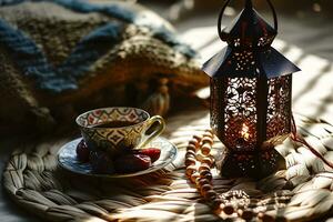 ai gegenereerd Ramadan kareem model. bronzen bord met datums fruit, olijf- takken, gloeiend wit marmeren tafel. foto