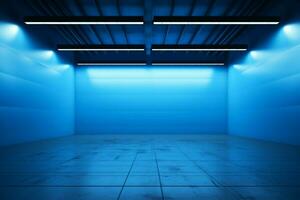 ai gegenereerd tentoonstelling verleiden leeg blauw kamer met bedachtzaam geplaatst verlichting foto