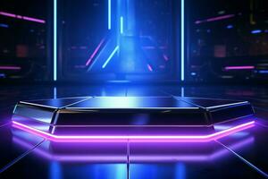 ai gegenereerd futuristische schittering metalen podium badend in neon lichten voor tech foto