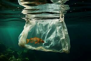 ai gegenereerd oceaan gevolg plastic zak nadelig gevonden onder de zee oppervlakte foto