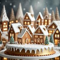 ai gegenereerd een taart lijkt op een besneeuwd peperkoek dorp, met minimalistische goud accenten Aan de huizen en bomen. ai generatief foto