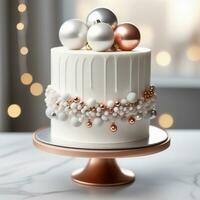 ai gegenereerd een wit of pale gekleurde taart versierd met minimalistische metalen kerstballen. opt voor zilver, goud, of roos goud. ai generatief foto