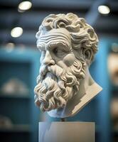 ai gegenereerd hoofd van filosoof Socrates Aan Scherm in een museum foto