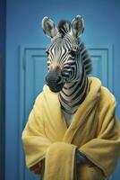 ai gegenereerd portret van een zebra vervelend badjas met pastel blauw achtergrond foto