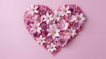 ai gegenereerd hart vorm gemaakt van roze bloemen tegen pastel roze achtergrond foto