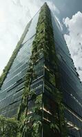 ai gegenereerd realistisch foto van een verticaal tuin wolkenkrabber, glas kantoor gebouw toren, modern gebouw.