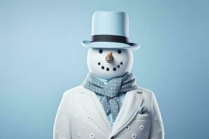 ai gegenereerd portret van sneeuwman in de modieus kleren in studio foto