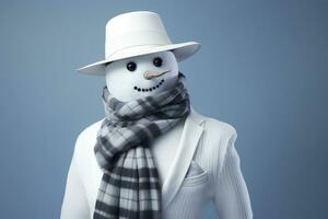 ai gegenereerd portret van sneeuwman in de modieus kleren in studio foto