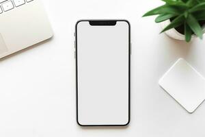 ai gegenereerd een Mens Holding blanco slim telefoon mockup foto