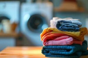 ai gegenereerd gewassen kleren Aan bord tegen achtergrond met het wassen machine in huis wasserij foto