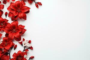 ai gegenereerd wit achtergrond met rood mooi bloemen Aan de links en ruimte voor tekst. gegenereerd door kunstmatig intelligentie- foto