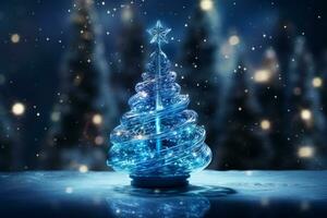 ai gegenereerd abstract blauw glanzend Kerstmis boom met bokeh achtergrond technologie concept foto