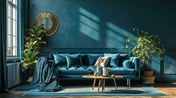 ai gegenereerd leven kamer interieur ontwerp met sofa minimaal esthetisch licht blauw fluweel 3d weergegeven foto