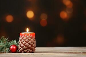 ai gegenereerd kaars en Kerstmis ornamenten Aan houten tafel bokeh achtergrond foto