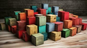 ai gegenereerd abstract blok stack houten 3d kubussen, kleurrijk hout structuur voor backdrop foto