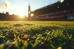 ai gegenereerd weelderig groen gazon Bij Amerikaans voetbal voetbal sport- stadion professioneel fotografie foto