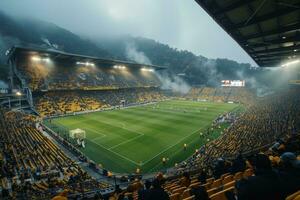 ai gegenereerd weelderig groen gazon Bij Amerikaans voetbal voetbal sport- stadion professioneel fotografie foto