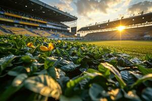 ai gegenereerd weelderig groen gazon Bij Amerikaans voetbal voetbal sport- stadion professioneel fotografie foto