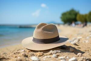 ai gegenereerd rietje hoed Aan de zand strand professioneel fotografie foto