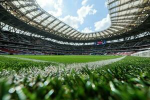 ai gegenereerd weelderig groen gazon Bij Amerikaans voetbal voetbal sport- stadion professioneel fotografie foto