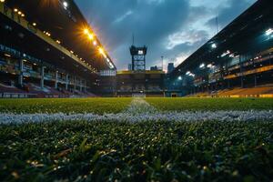 ai gegenereerd weelderig groen gazon Bij Amerikaans voetbal voetbal sport- stadion professioneel fotografie foto