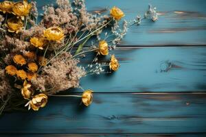 ai gegenereerd houten tafel met bloemen professioneel fotografie foto