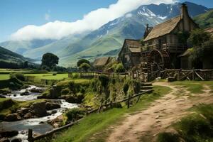 ai gegenereerd houten huis Bij de voet van de berg professioneel fotografie foto