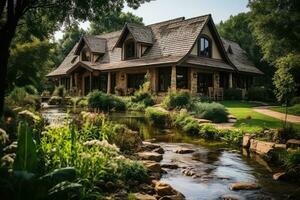 ai gegenereerd houten huis Bij de voet van de berg professioneel fotografie foto