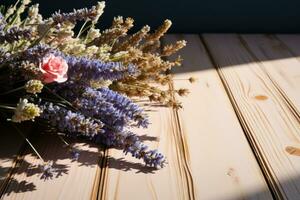 ai gegenereerd houten tafel met bloemen professioneel fotografie foto