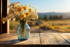 ai gegenereerd houten tafel met bloemen in de achtergrond professioneel fotografie foto