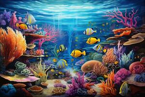 ai gegenereerd onderwater- tafereel met koralen en tropisch vis. 3d weergave, een onderwater- tafereel krioelt met levendig marinier leven, ai gegenereerd foto