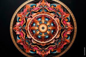 ai gegenereerd oosters mandala - een symbool van Boeddhisme, hindoeïsme en spiritualiteit, een ingewikkeld mandala met rijk, contrasterend kleuren, ai gegenereerd foto